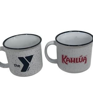Campfire Mugs Set of 2 White Speckled Black Rim Kahlua & the Y 14 oz Coffee Cup